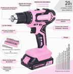 FASTPRO Taladro rosa de 20 V, kit de destornillador inalámbrico con bolsa