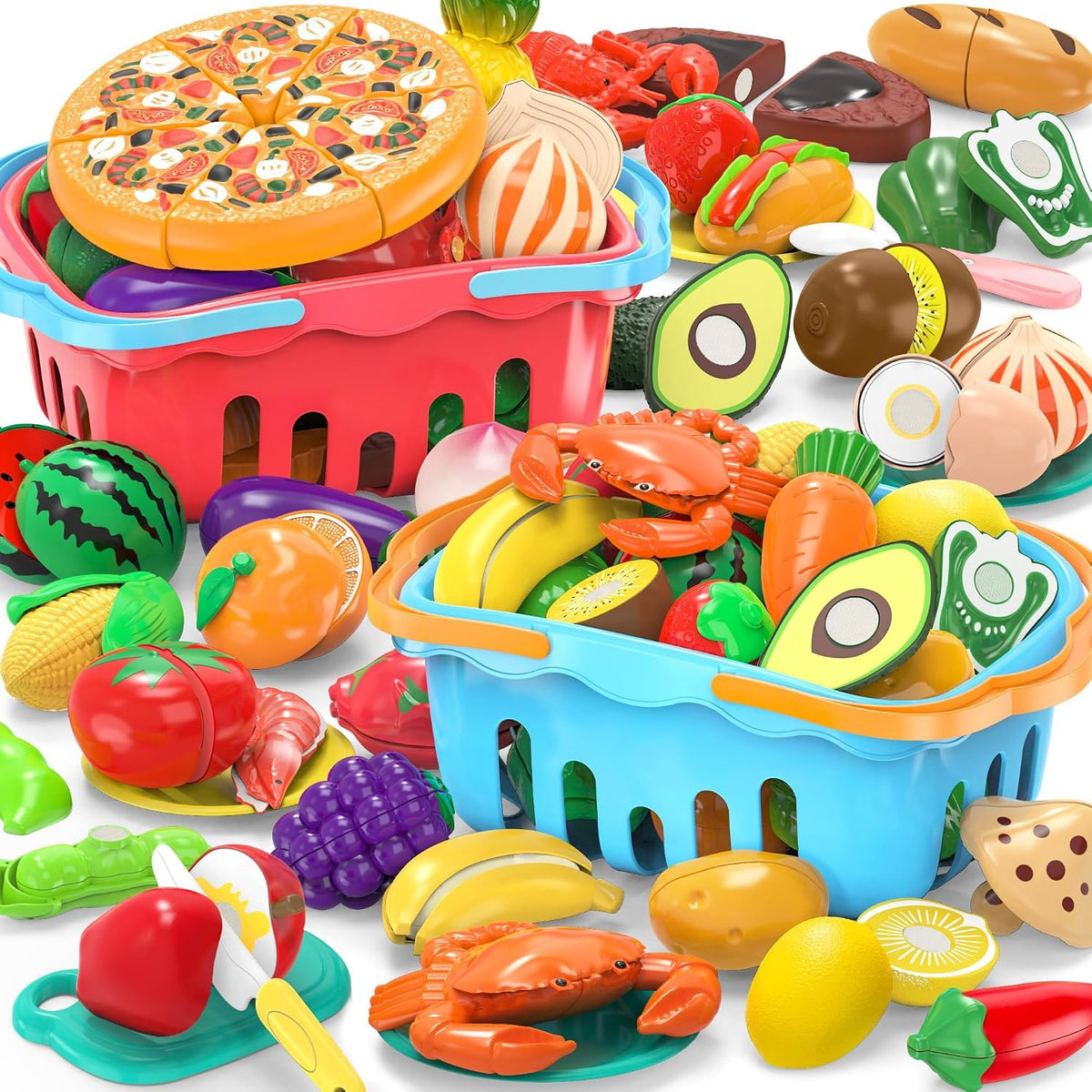 120 piezas de juguete de corte de comida de simulación para varios niños con 2 cestas de almacenamiento de colores, juego de comida de cocina para niños pequeños, accesorios de juguetes de cocina