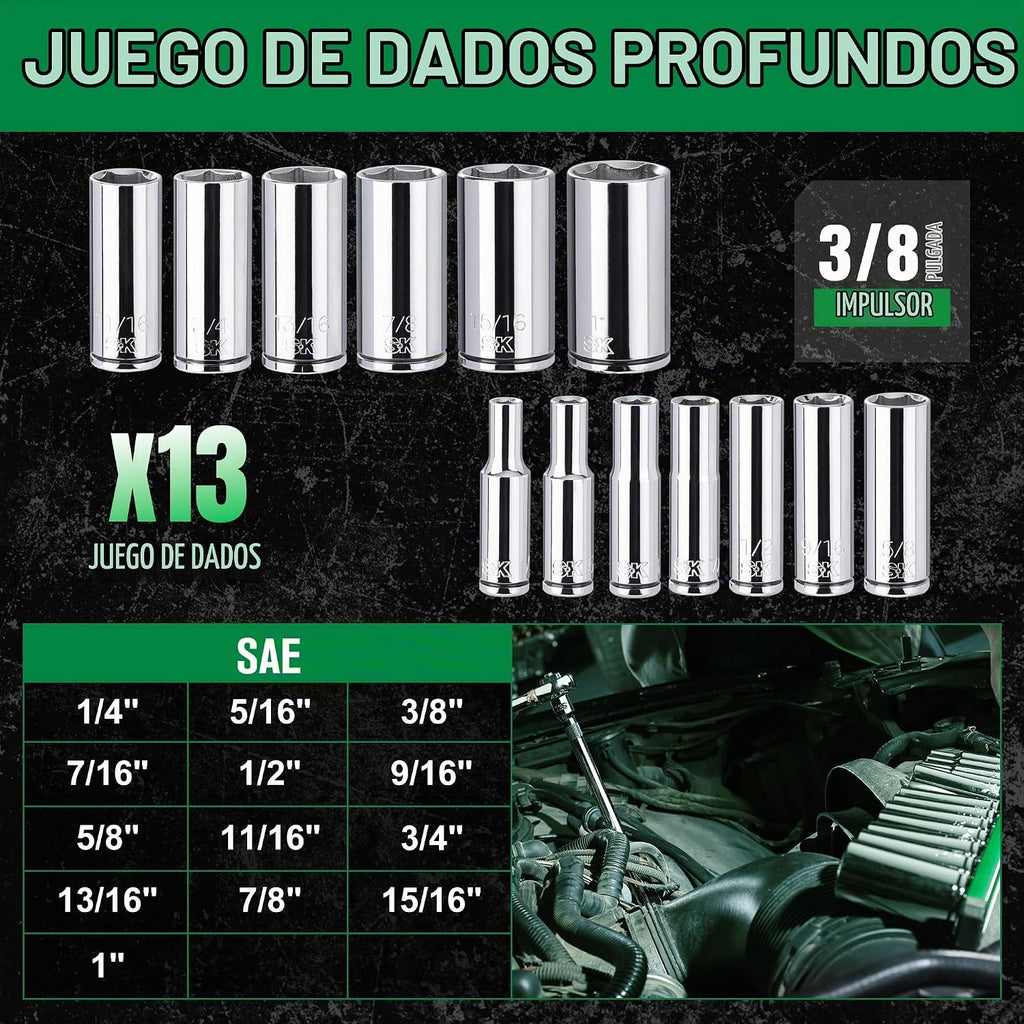 SK Juego de llaves de vaso de 3/8", enchufes SAE profundos, 13 piezas de 1