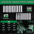 SK Juego de llaves de vaso de 3/8", enchufes SAE profundos, 13 piezas de 1