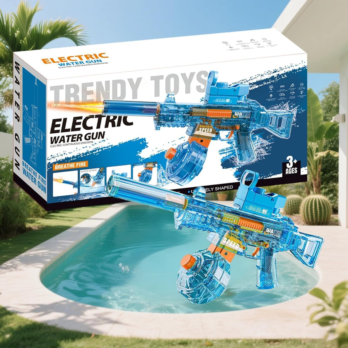 Pistola de agua eléctrica, adecuada para niños y adultos, tanque de agua de gran capacidad, luz LED con efecto de llama bozal, piscina al aire libre, juguete de batalla de playa (MP5-azul)
