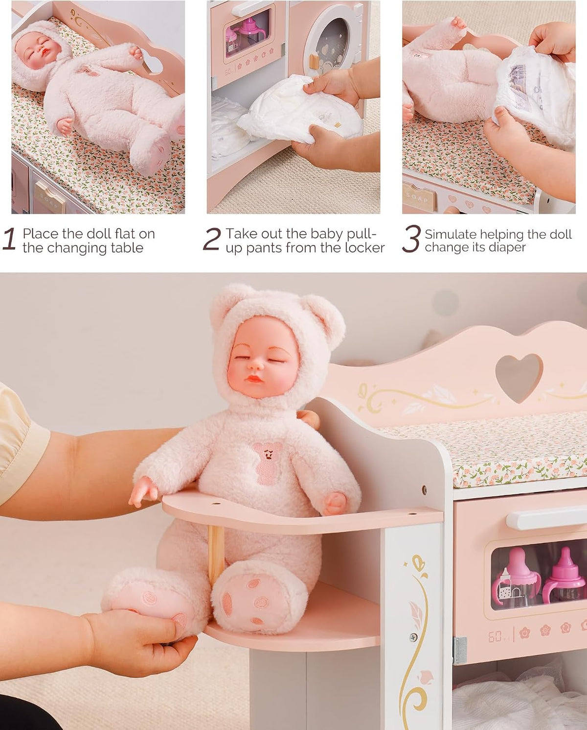 ROBUD Cuna de muñeca de bebé, camas de muñeca rosa, estación de cambio de muñeca de madera con asiento, esterilizador de botellas, lavadora y almacenamiento, accesorios para muñecas de cuna de juguete