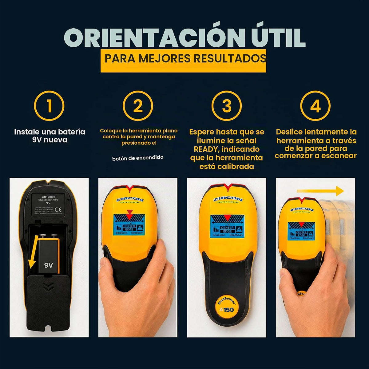 Zircon StudSensor A150 Escáner de Pared y Localizador de Vigas de Centrado/Borde con Detección WireWarning e Indicador de Intensidad de Señal, Búsqueda de Centro