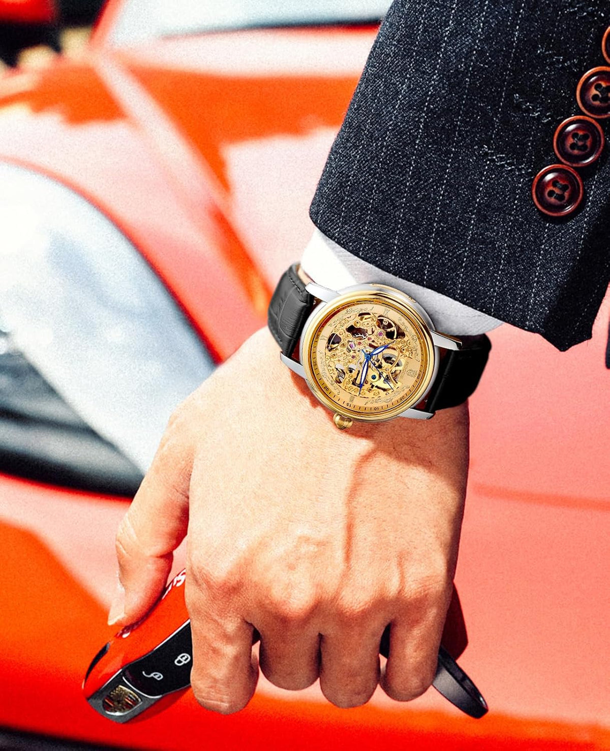 ROCOSJEWE R0142 Relojes automáticos de oro vintage con doble esqueleto para hombres, reloj de pulsera mecánico de cuerda automática con manecillas luminosas, correa de cuero genuino negra, reloj de