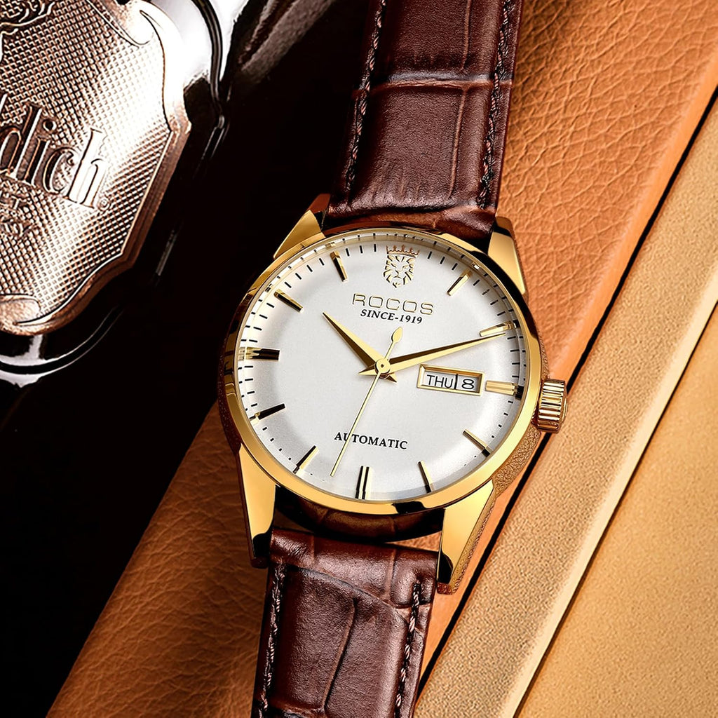 ROCOSJEWE R0101 Reloj Automático Mecánico para Hombre de Lujo Dorado Reloj Clásico Retro Correa de Cuero Marrón Impermeable Regalo para Hombre Moda Negocios