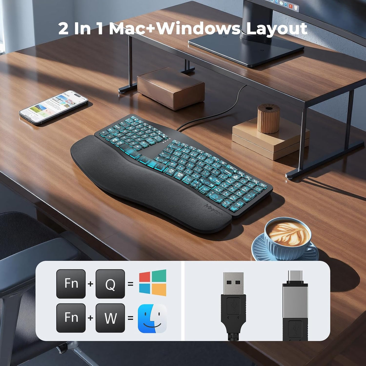 MEETION Teclado ergonómico con cable, retroiluminación transparente...