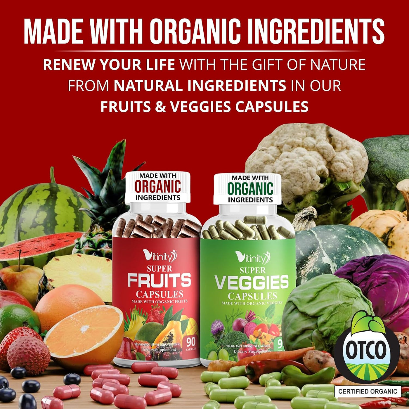 Fabricado con cápsulas orgánicas de frutas y verduras, suplemento v...