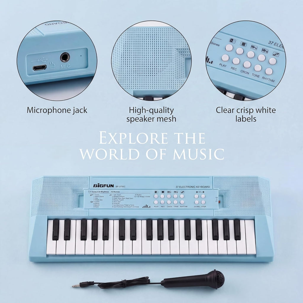 Piano infantil de 37 teclas con micrófono, teclado de música, azul