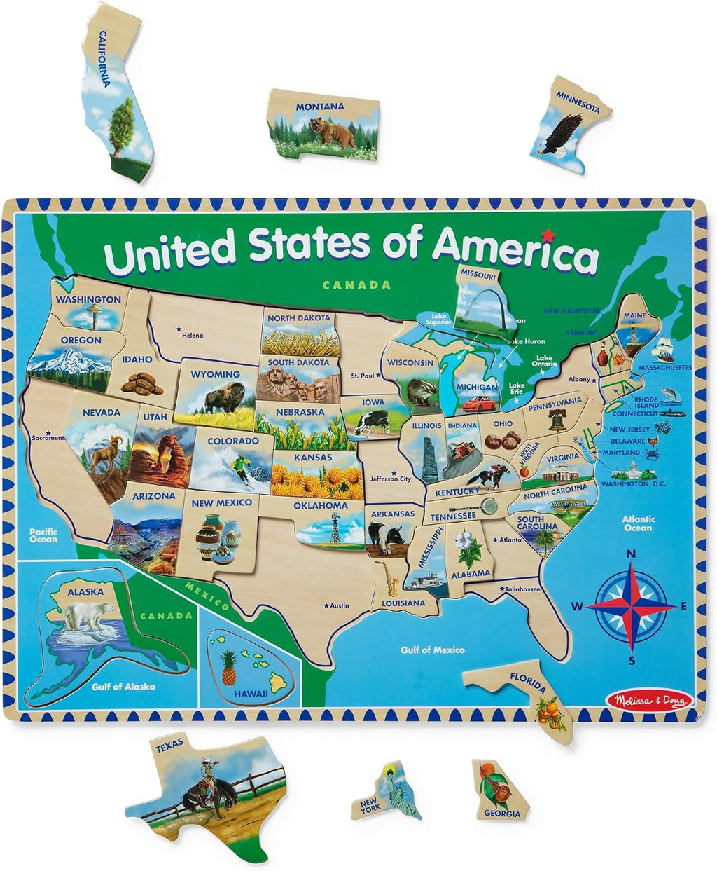 melissa & doug USA mapa rompecabezas de madera, Versión estándar, Multicolor