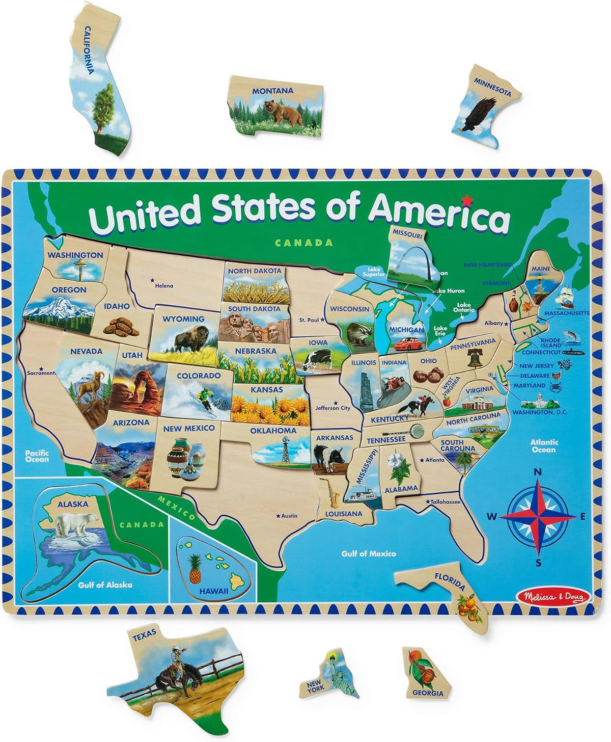 melissa & doug USA mapa rompecabezas de madera, Versión estándar, Multicolor
