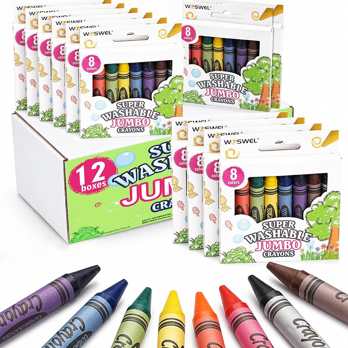 WOSWEL Crayones gigantes súper lavables a granel, 12 paquetes con 8 colores brillantes, no tóxicos y de fácil agarre para niños de 1 a 3, 2 a 4, suministros escolares para fiestas en el aula