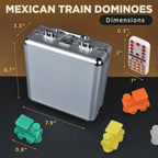 Queensell Juego de dominó de tren mexicano doble 15 para adultos y familia, juego de dominó doble de tren mexicano de 15 puntos de colores, 136 azulejos, 9 trenes, cubo de madera, caja de aluminio (doble 15)