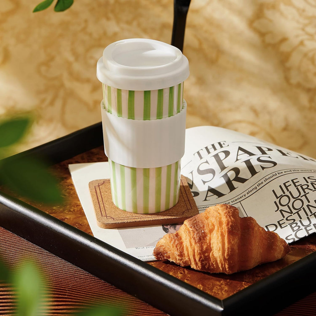 Millie - Taza de viaje de cerámica con tapa, 12 onzas, bonita taza de café estética para mujeres y hombres, sin regusto metálico, se adapta a portavasos de automóvil y cafeteras