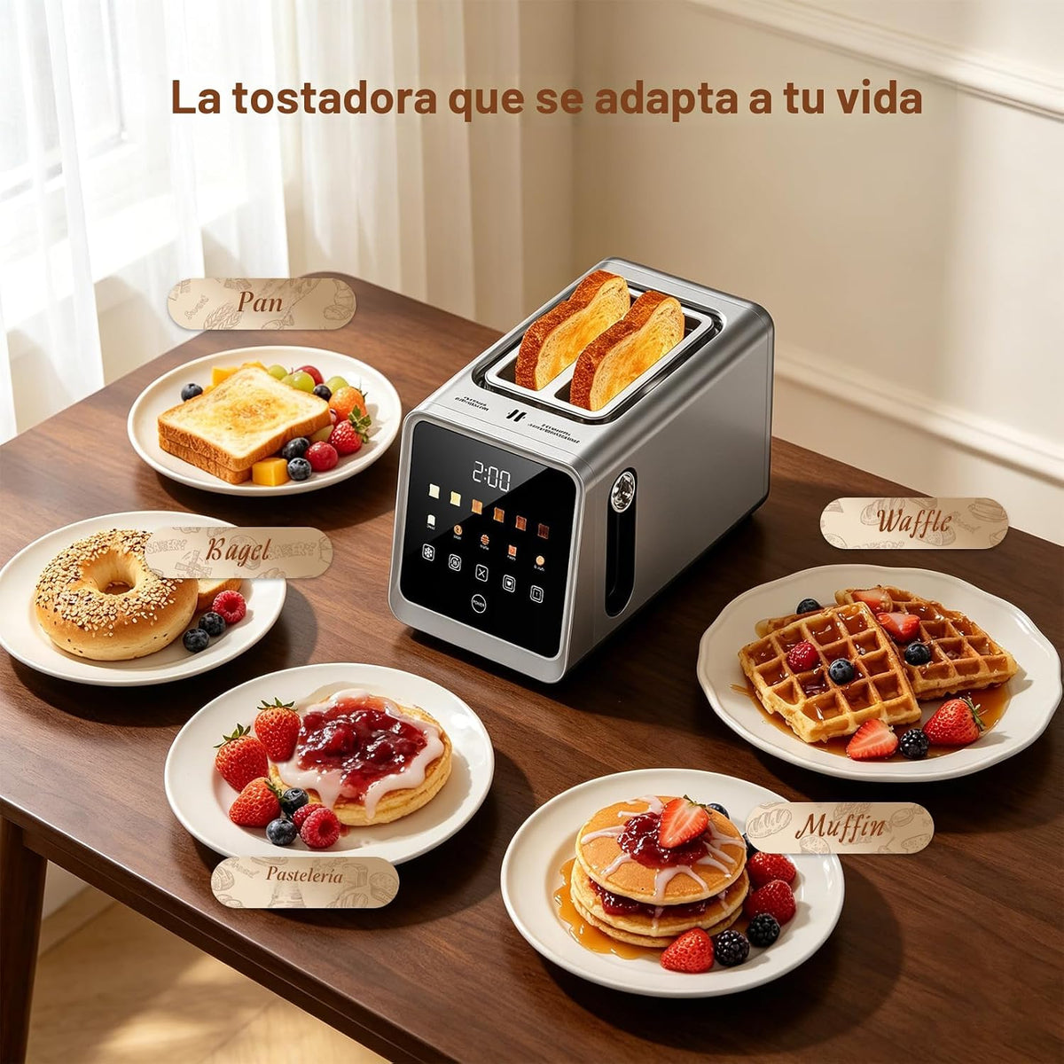 Tostadora inteligente 2 rebanadas, ranuras anchas de la tostadora del acero