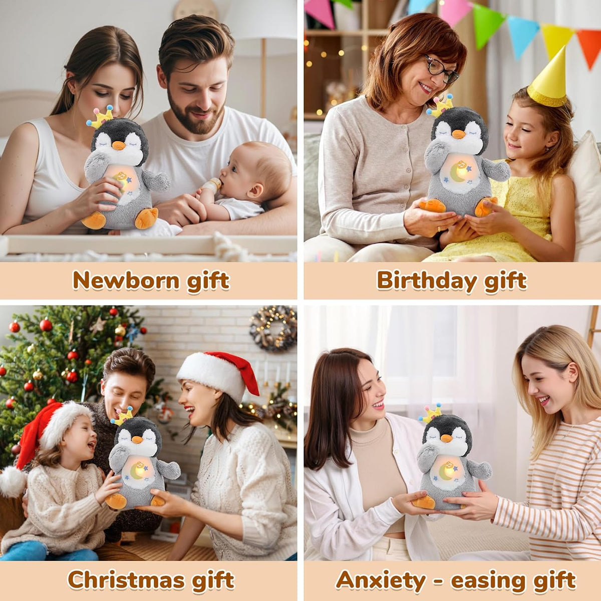 Peluche de pingüino que respira con música suave y ligera para