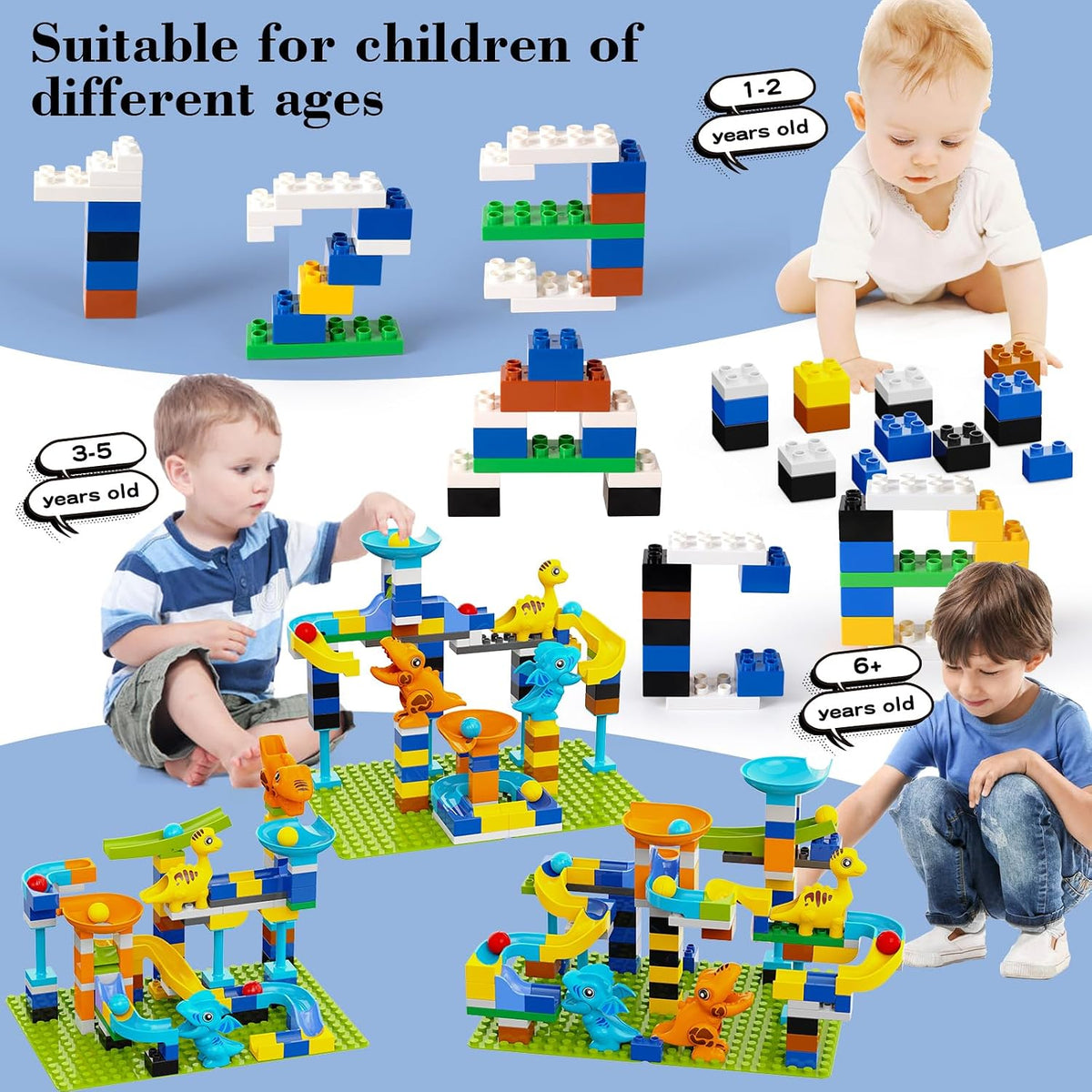 Bloques de Construcción Carrera de Mármol, Pista de Mármol con Dinosaurios, Ladrillos Grandes Clásicos para Niños de 3, 4, 5, 6, 7 + Años, Compatibles con Todas las Marcas Principales