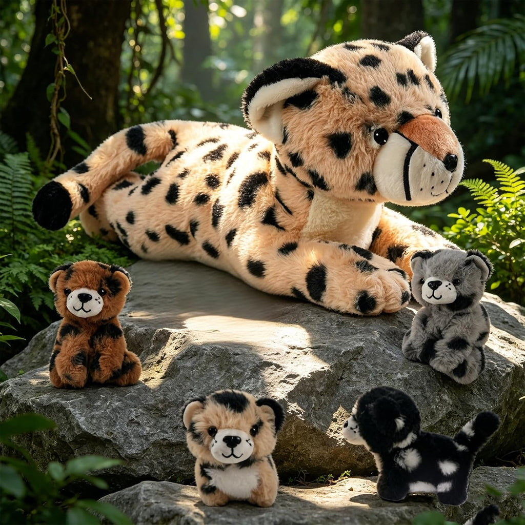 Animal de Peluche Cheetah con 4 crías para Niña, Peluche de Leopardo Para Abrazar