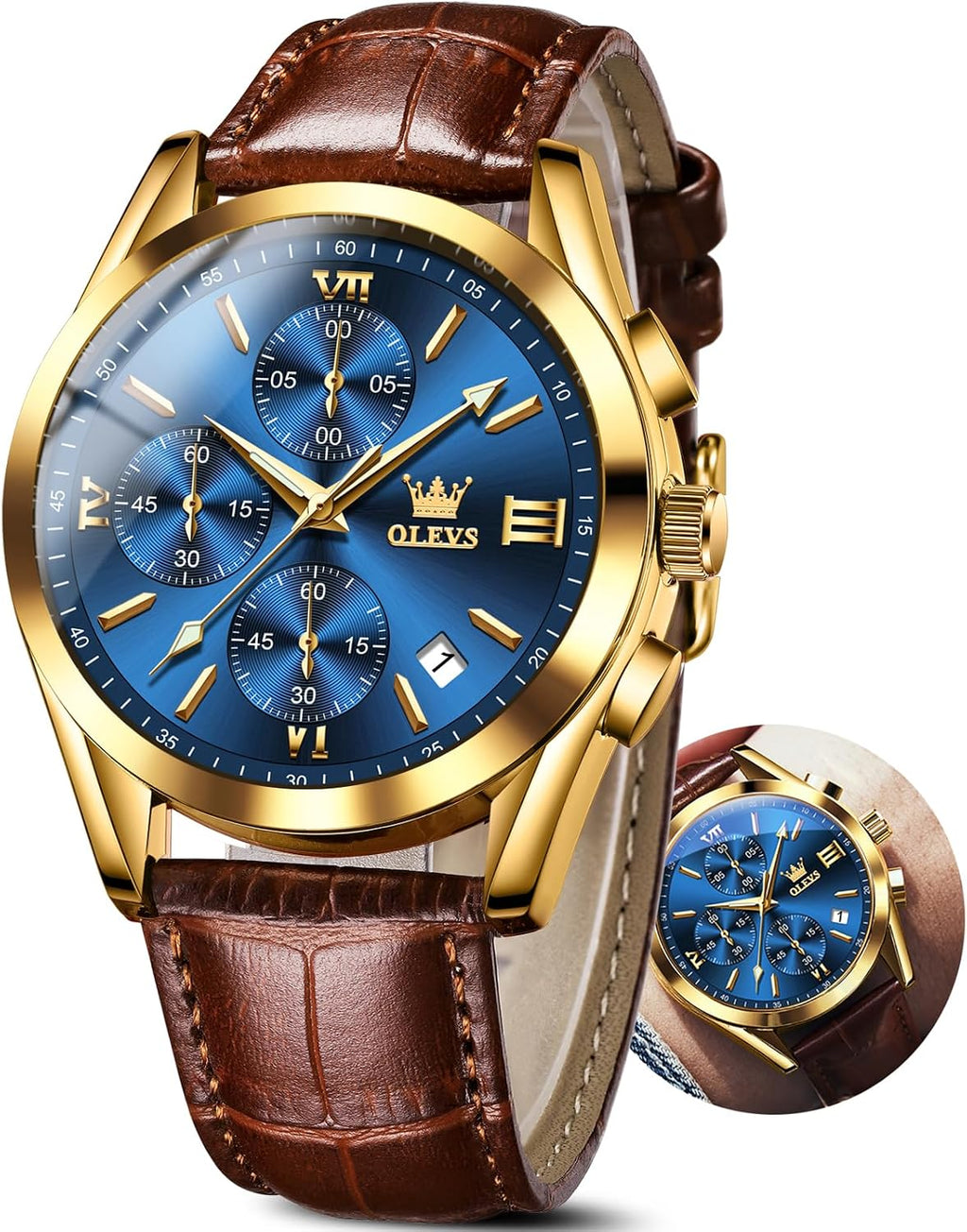 OLEVS Reloj de vestir de cuero para hombre, casual, cuarzo, marrón, pulsera, con fecha