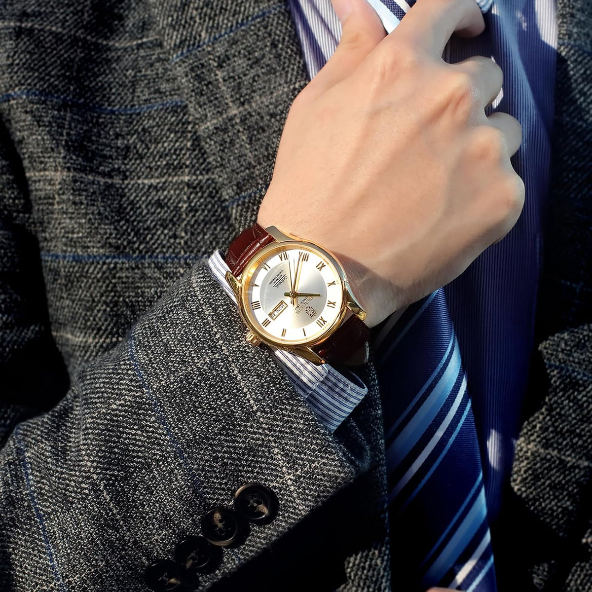 ROCOSJEWE Reloj de vestir masculino automático de cuerda automática - Caja de acero inoxidable dorado, números romanos, correa de cuero marrón, indicación de día y fecha, tapa esqueletada, reloj de pulsera de lujo para negocios, uso casual y diario
