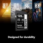 Lexar Tarjeta de memoria SD plateada de 128 GB, lectura de 225 MB/s, 4K