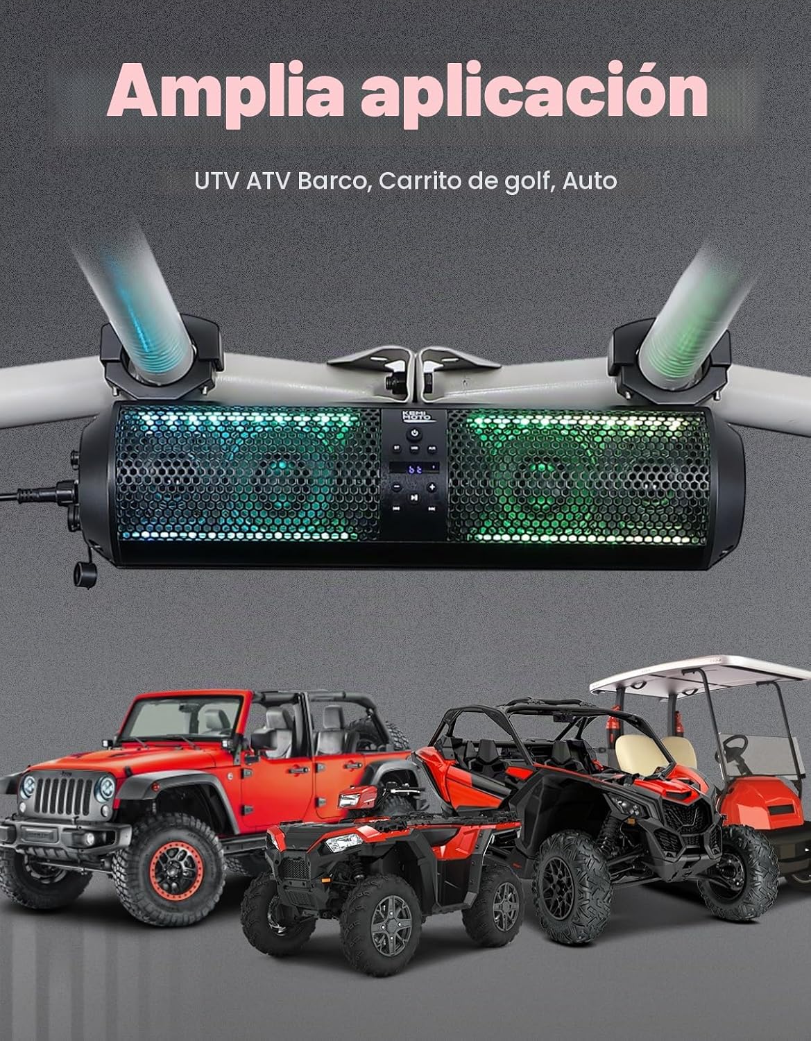 KEMIMOTO Barra de sonido UTV de 18 pulgadas, altavoz SXS RGB, control inalámbrico, Bluetooth, compatible con 2 tweeter y 2 subwoofers compatible con Polaris Can am Talon CForce, para jaula de rollo de