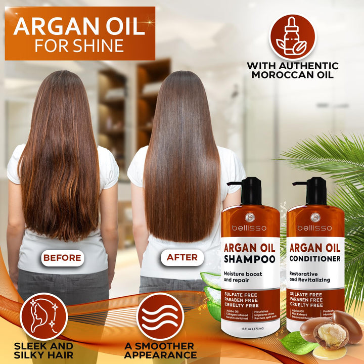 BELLISSO - Set de champú y acondicionador con aceite de argán marro...