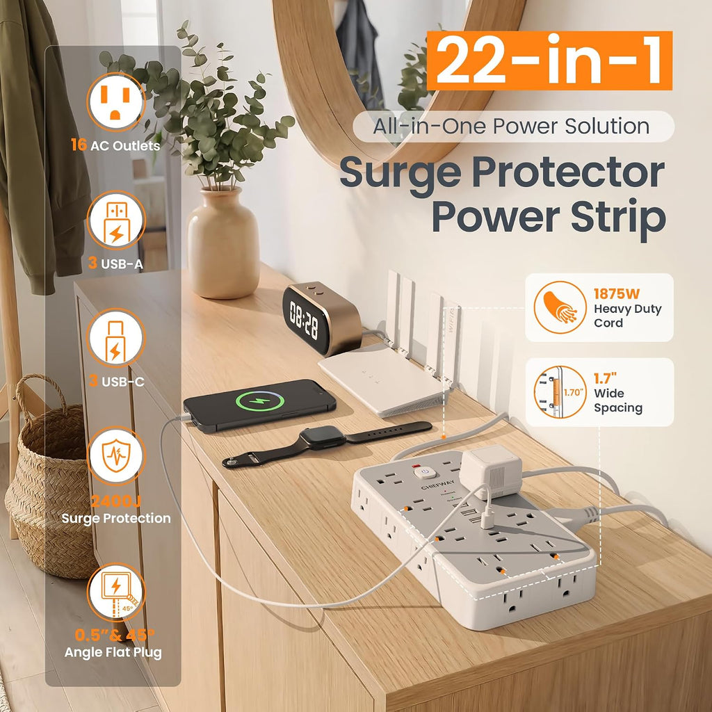 Regleta de protección contra sobretensiones de 6 pies con 6 USB