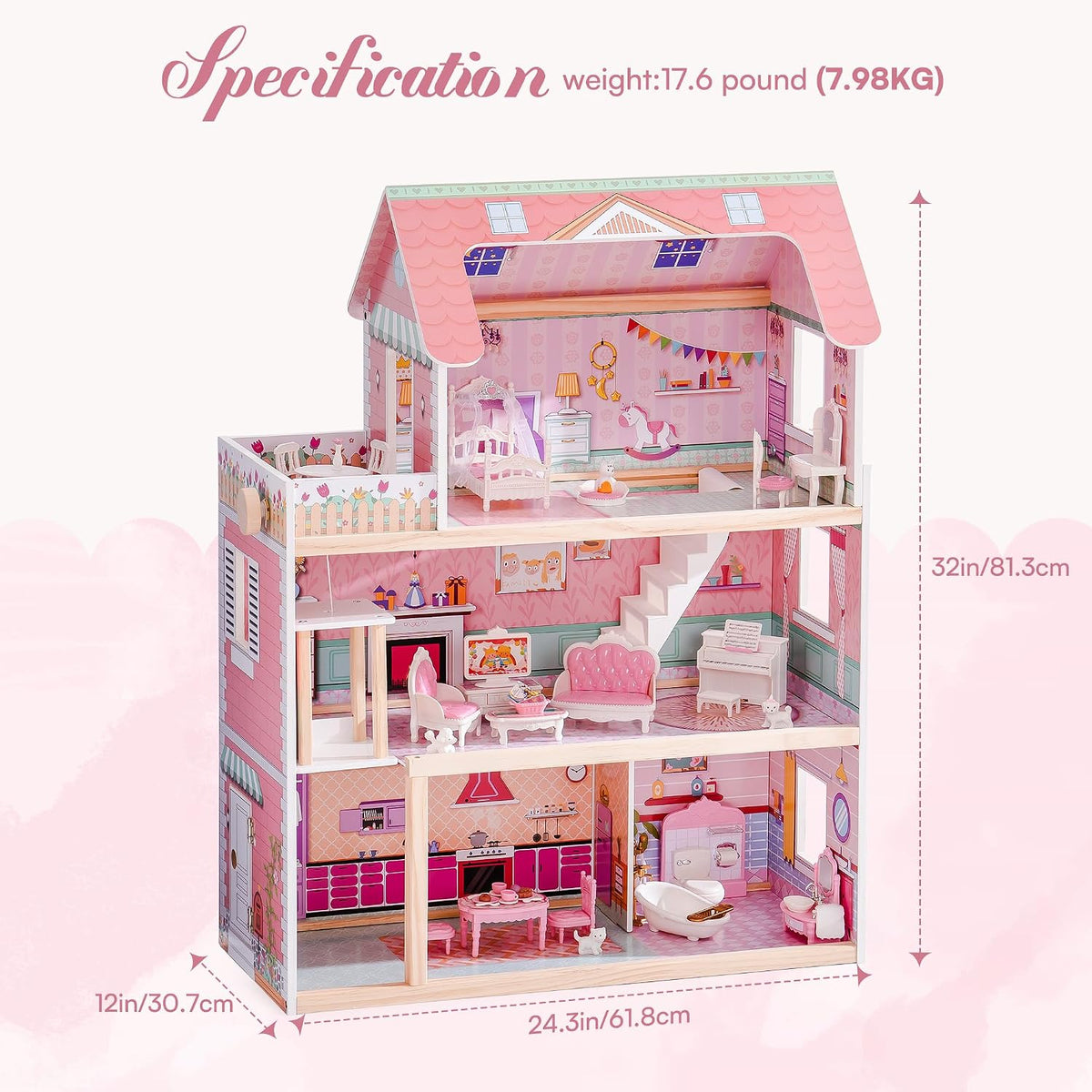 ROBOTIME Casa de muñecas de madera, juego de casas de muñecas con 24 muebles para muñecas de 4, 5, 6 pulgadas, regalo de casa de muñecas para niñas de más de 3 años (rosa)