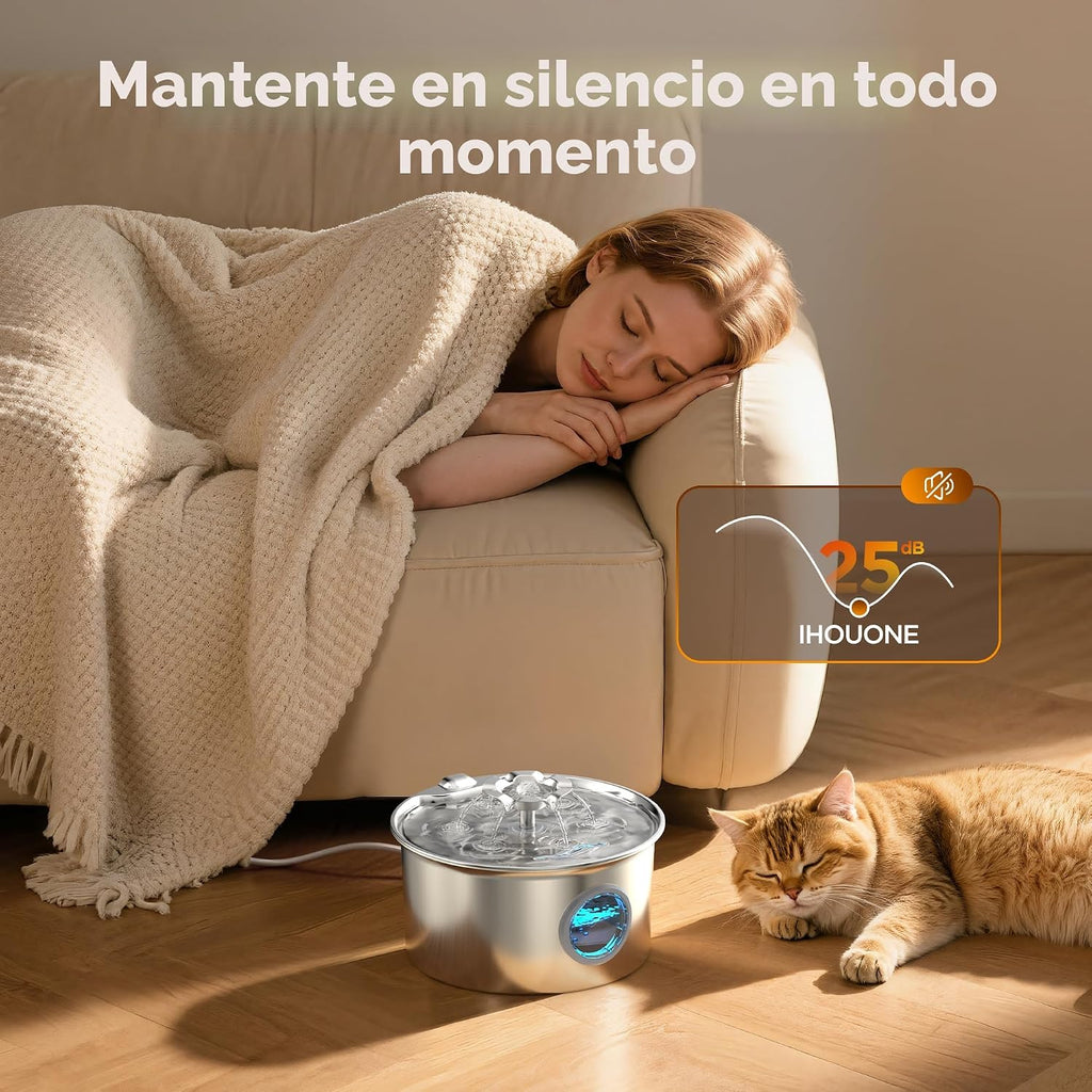 Fuente de agua para gatos de acero inoxidable: fuente para mascotas con 6 filtros y 3 esponjas
