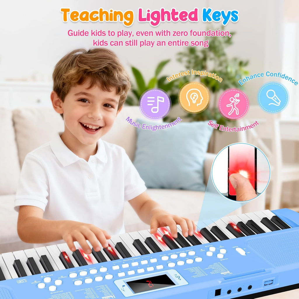 Teclado de piano para niños de 61 teclas con teclas iluminadas, modo de enseñanza, altavoz dual