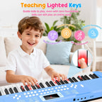 Teclado de piano para niños de 61 teclas con teclas iluminadas, modo de enseñanza, altavoz dual