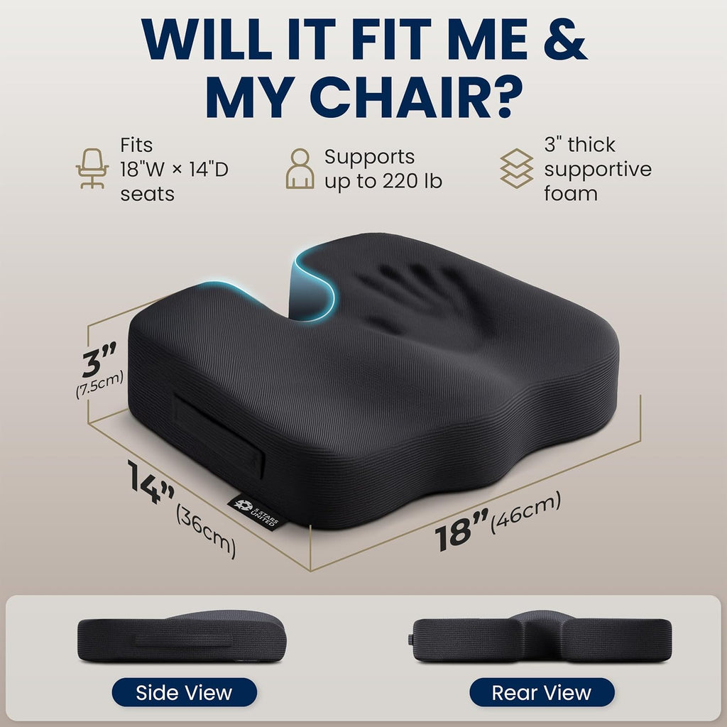 5 STARS UNITED Cojín de asiento, espuma viscoelástica para aliviar el dolor de coxis, soporte ergonómico para coxis, ciática y glúteos, silla de ruedas, oficina, escritorio y silla de juegos