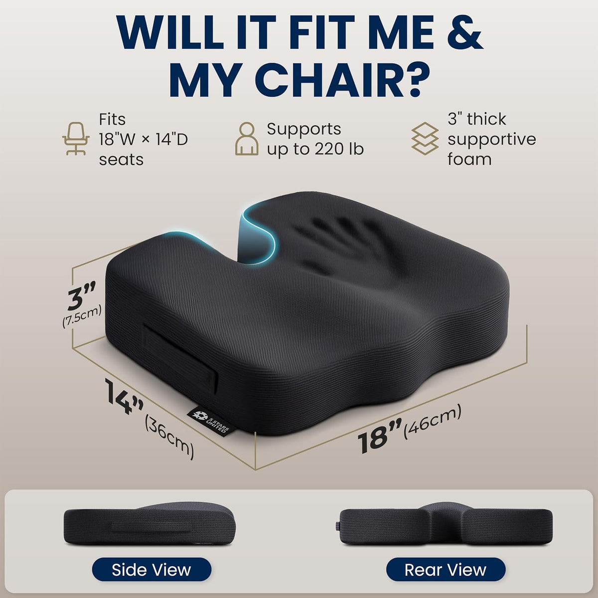 5 STARS UNITED Cojín de asiento, espuma viscoelástica para aliviar el dolor de coxis, soporte ergonómico para coxis, ciática y glúteos, silla de ruedas, oficina, escritorio y silla de juegos