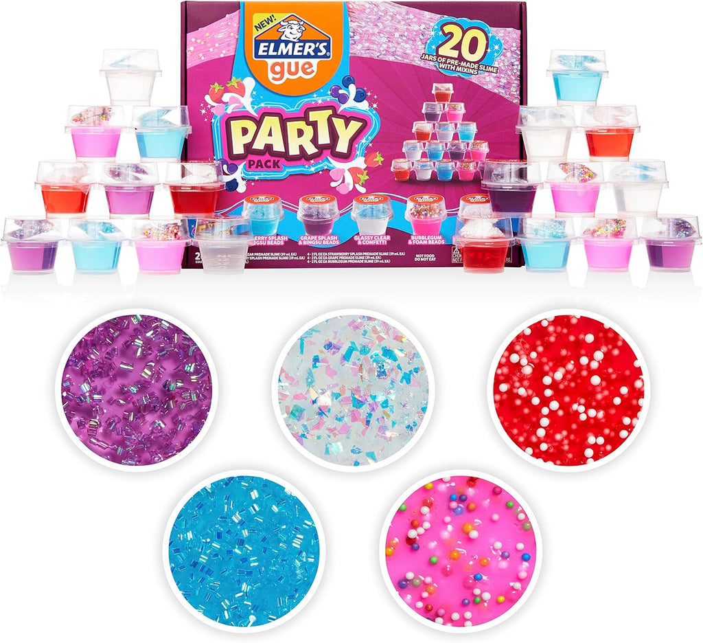 Elmer's Gue - Kit de slime prefabricado, paquete de fiesta, incluye divertidos complementos únicos, 20 unidades