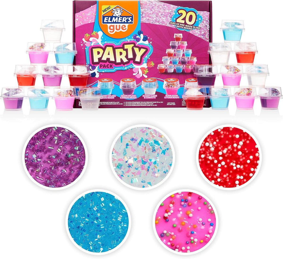 Elmer's Gue - Kit de slime prefabricado, paquete de fiesta, incluye divertidos complementos únicos, 20 unidades
