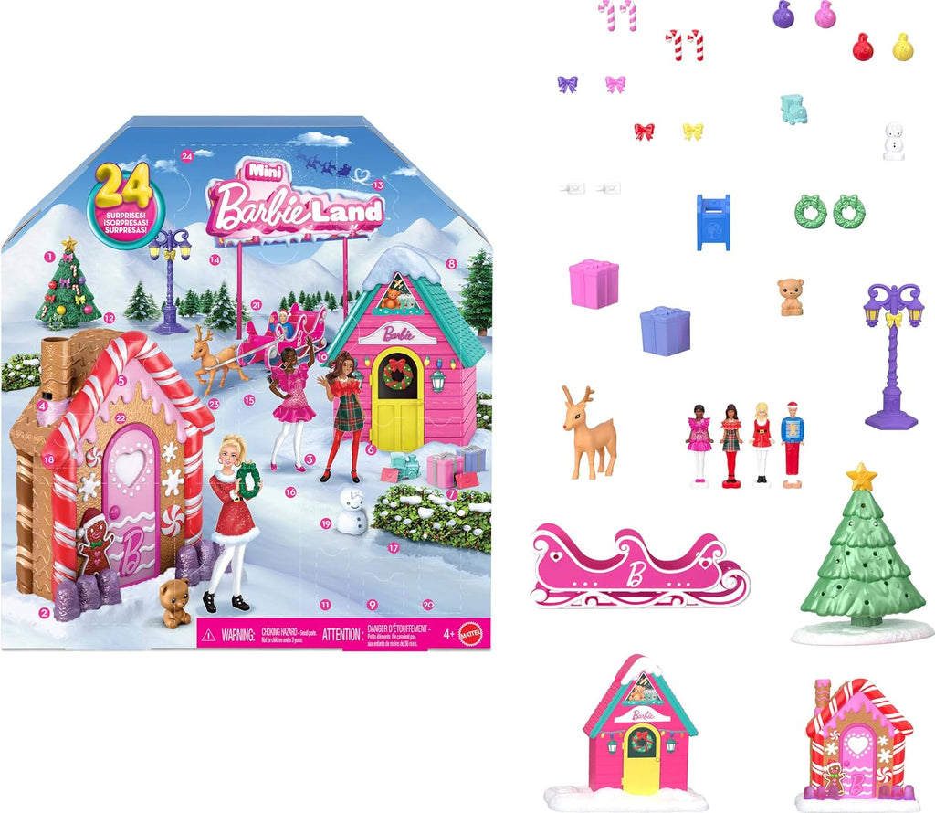 Calendario de Adviento Coleccionista Barbie Mini Land con Muñecas de 3.8 cm y 24 Días de Sorpresas, Áreas de Juego del Pueblo Invernal para Diversión Narrativa