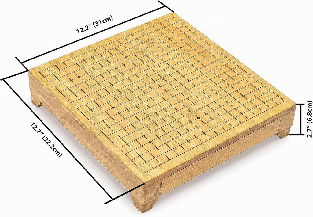 Bamboo Go Juego – Tablero de madera de 12.6 x 12.2 pulgadas con cajones de almacenamiento extraíbles y piedras de melamina convexas dobles – Juego de estrategia Baduk/Weiqi de tamaño completo Yellow Mountain Imports