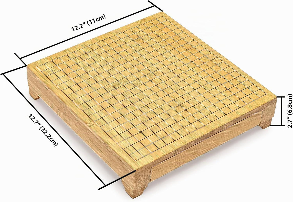 Bamboo Go Juego – Tablero de madera de 12.6 x 12.2 pulgadas con cajones de almacenamiento extraíbles y piedras de melamina convexas dobles – Juego de estrategia Baduk/Weiqi de tamaño completo Yellow Mountain Imports