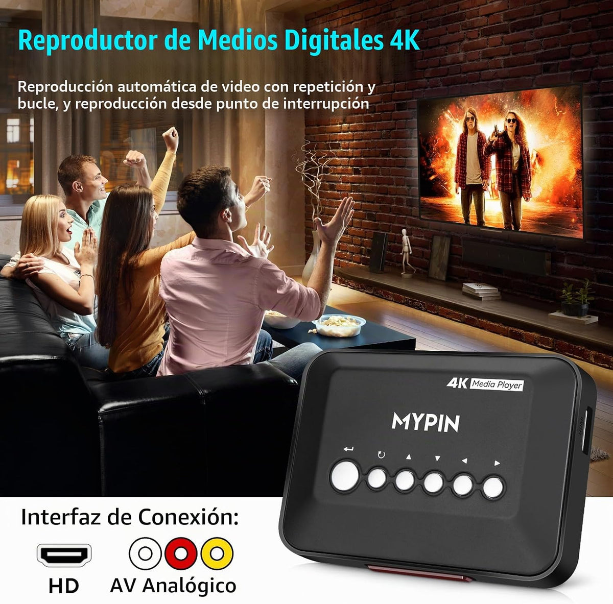 4K@30hz HDMI TV Media Player con salida HDMI/AV, reproductor MP4 digital