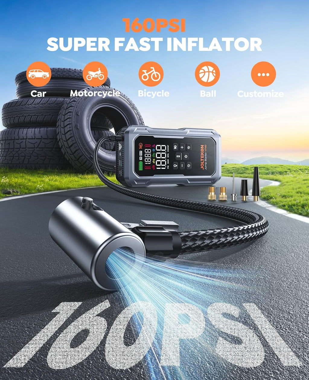 Arrancador de batería de coche 9 en 1 de 6000A 160PSI con compresor de aire y soplador de aire (todo gas 12L diesel), caja de arranque portátil para batería de automóvil con luz de 800
