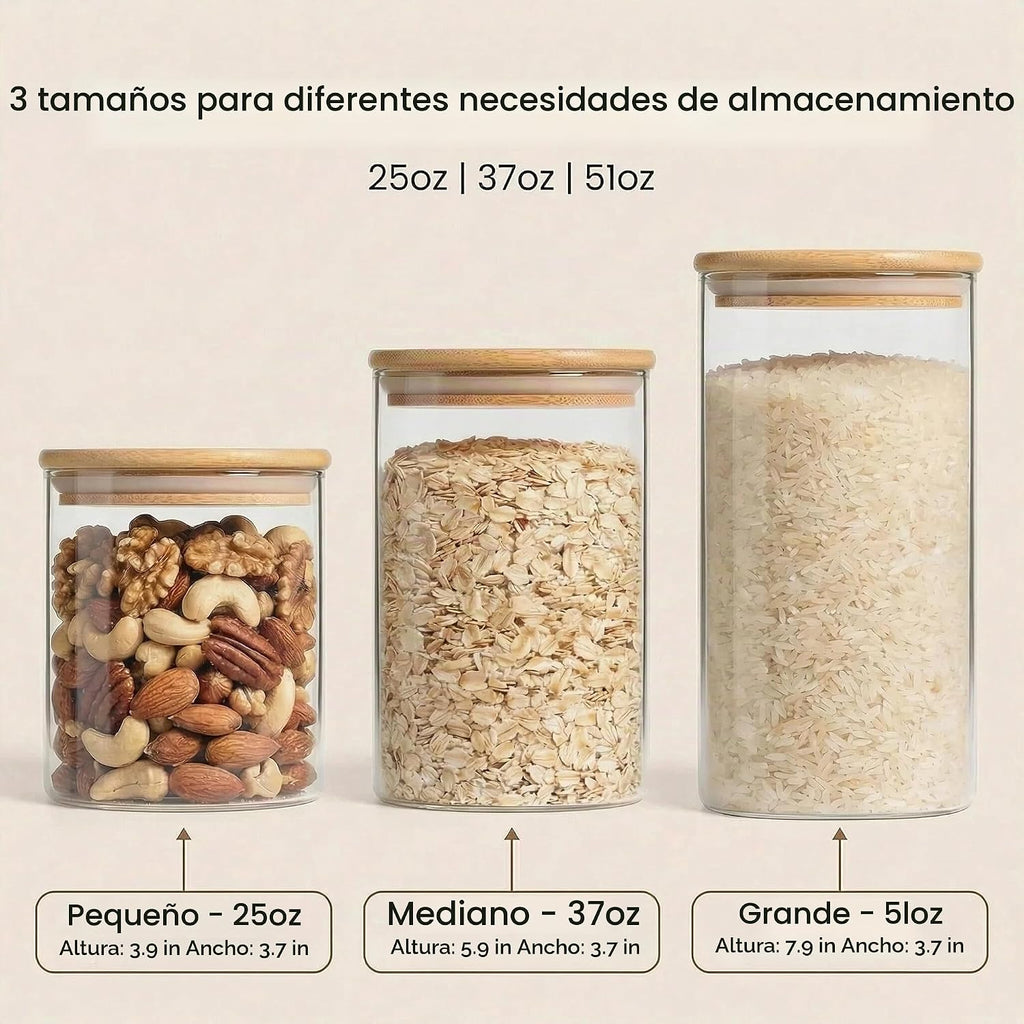 Juego de 6 recipientes herméticos de vidrio con tapas de 25/37/50 onzas con tapas de bambú, juego de recipientes de cocina para organización de despensa, almacenamiento de alimentos para harina