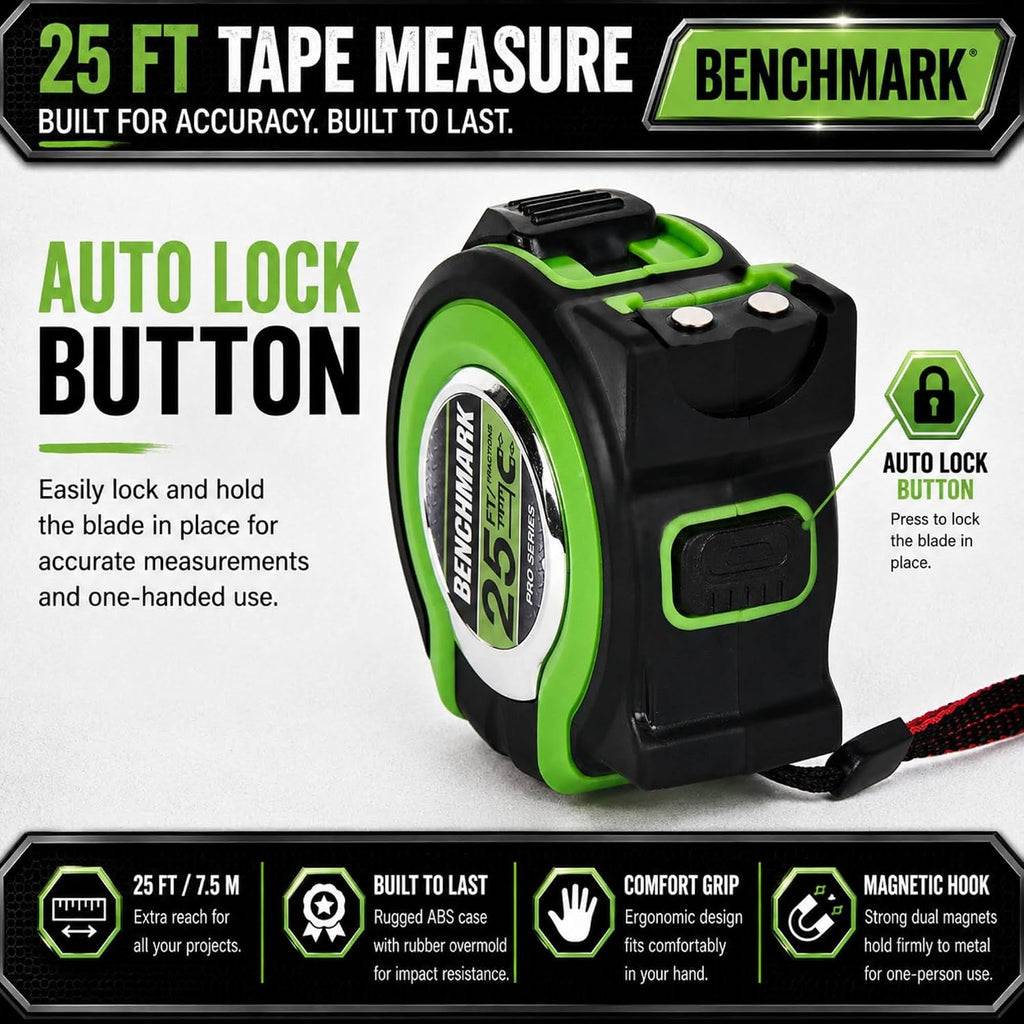 3 Pack - Cintas métricas de 25 ft - Fracciones fáciles de leer hasta 1/8 pulgada - Punta magnética - Puño y bloqueo rápido - Autovuelta - Clip de cinturón - Verde - Cinta métrica retráctil