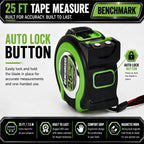 3 Pack - Cintas métricas de 25 ft - Fracciones fáciles de leer hasta 1/8 pulgada - Punta magnética - Puño y bloqueo rápido - Autovuelta - Clip de cinturón - Verde - Cinta métrica retráctil