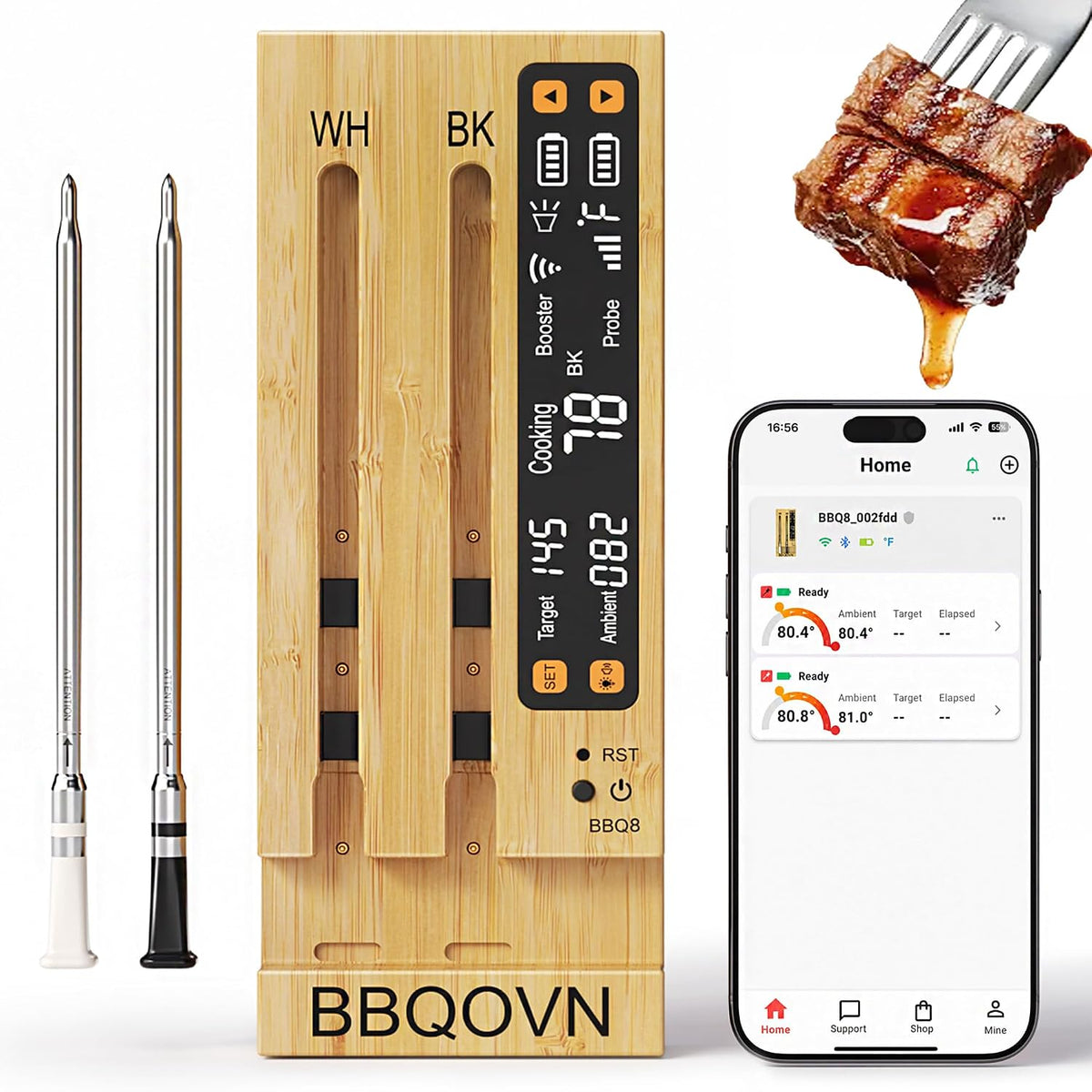 Termómetro inteligente de carne de doble sonda, termómetro inalámbrico para parrilla con pantalla de refuerzo independiente y conexión WiFi, 7 sensores, ambiente de 1000F