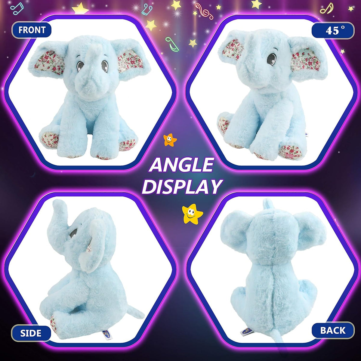 BSTAOFY - Elefante de peluche musical con luces LED de 12 pulgadas, Azul