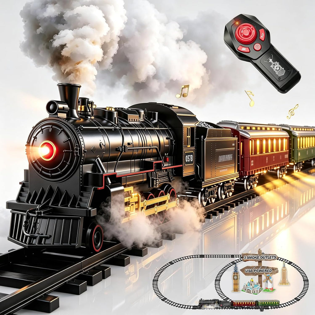 Juegos de tren eléctrico con control remoto para niños, juguetes de tren de Navidad, locomotora de vapor con 3 humos, vagones de pasajeros brillantes, pistas de lujo, luz y sonidos, regalos de cumpleaños para niños y niñas