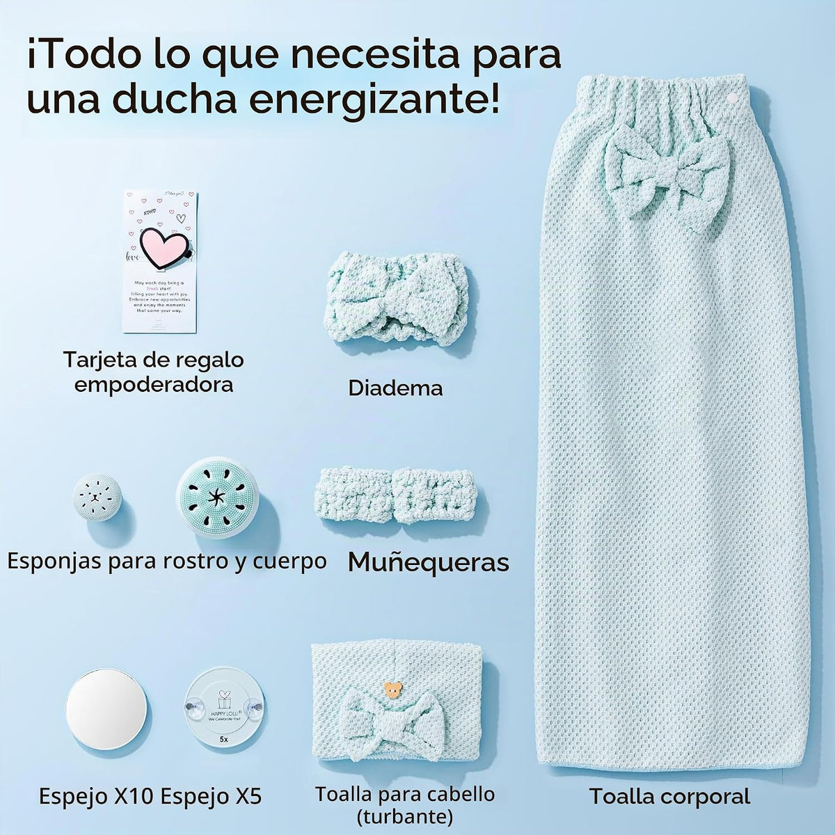Juego de ducha eléctrica: accesorios de baño de lujo para mujeres y niñas, incluye toalla para el cuerpo y el cabello, muñequeras, diadema, esponja facial y más, potencia tu rutina (fresco