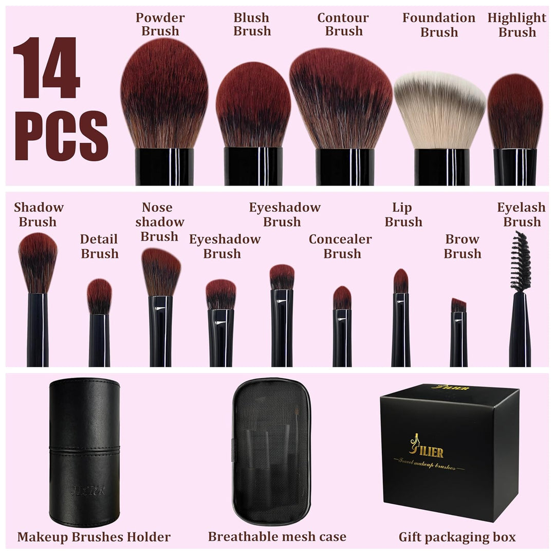 Jilier Juego de brochas de maquillaje de viaje, 14 piezas de mini b...