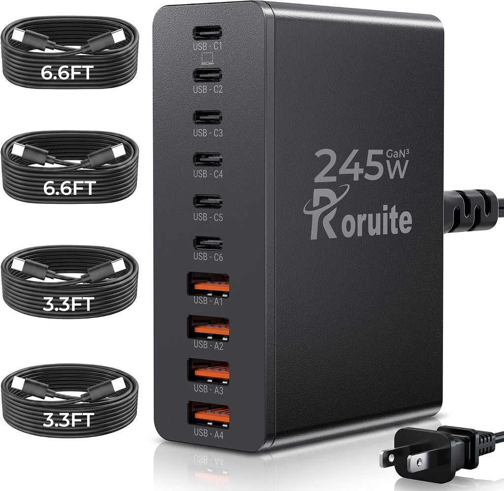 Estación de carga USB C Roruite de 10 puertos con 4 cables, bloque de