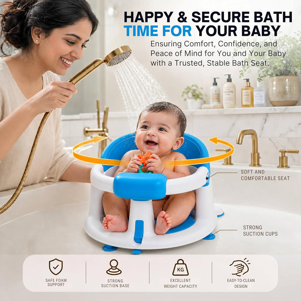 PMV Asiento de baño para bebés sentados, silla de baño antideslizante con 3 ventosas, asiento de apoyo de baño seguro y cómodo para uso en baño/ducha, diseño estable, (6 a 24 meses) (azul)
